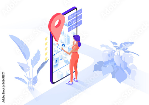 The girl marks the pin of the route on the map in the running application. Route with parameters and statistics. Vector isometry