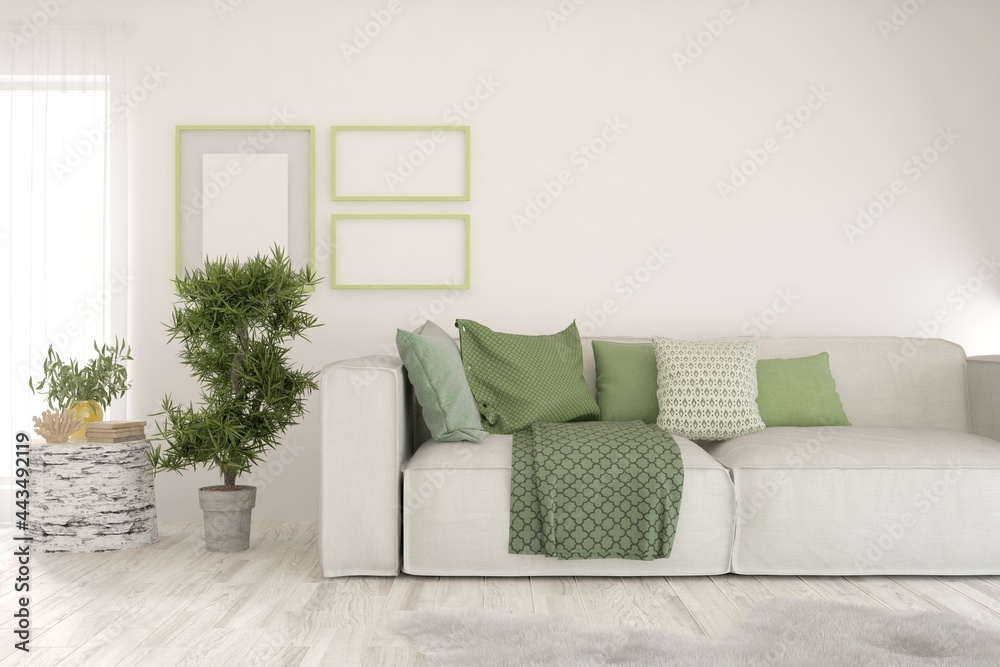 White living room with sofa. Scandinavian interior design. 3D illustration White living room with sofa. Scandinavian interior design. 3D illustration