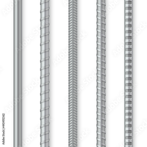 Collection metal rebars realistic vector illustration. Ornamental smooth of iron bars for building