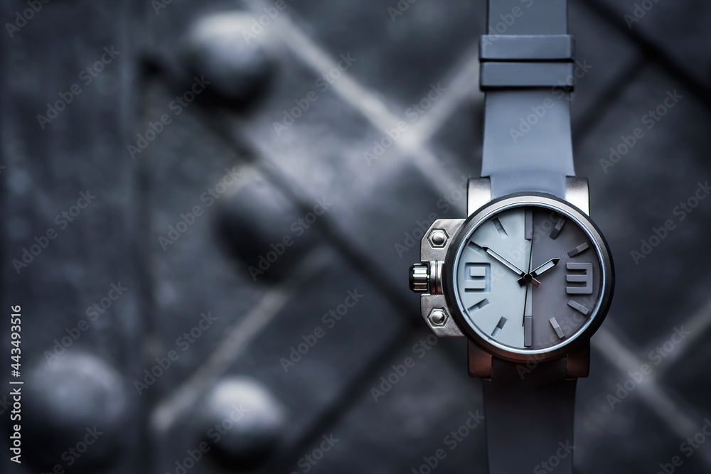 custom made wallpaper toronto digitalblack wrist watch with a leather strap on a black background. Close-up. Splace for text. High quality photo