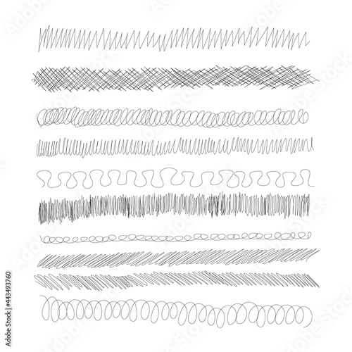 Ink pen scrawl borders collection - various rows of hand drawn scribble line drawings.