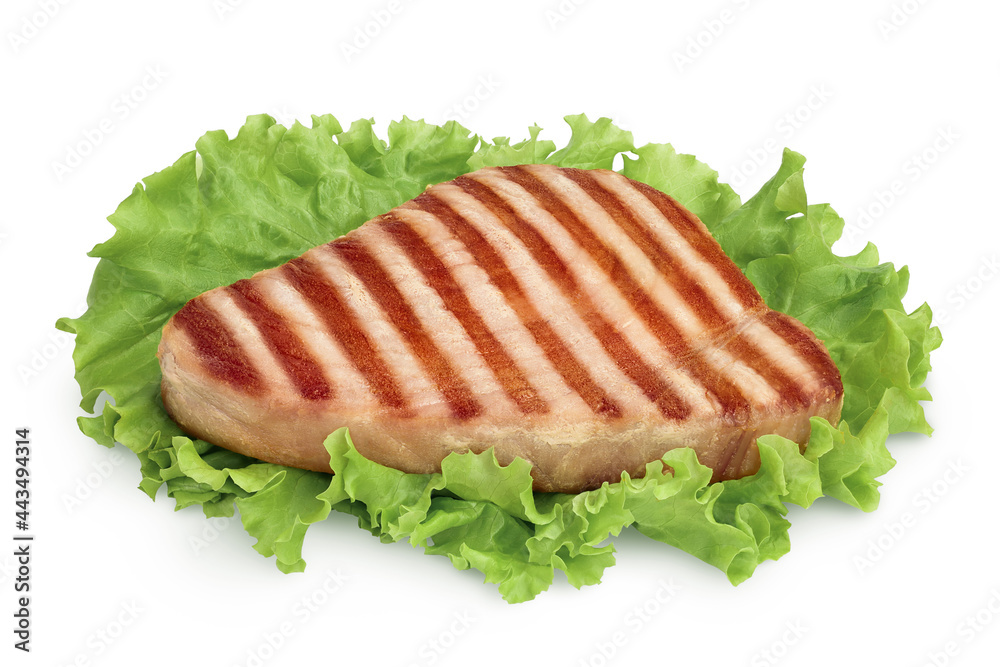 Tuna fish steak grilled isolated on white background with clipping path and full depth of field Tuna fish steak grilled isolated on white background with clipping path and full depth of field