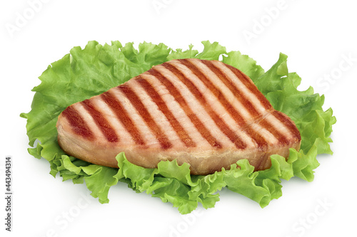 Tuna fish steak grilled isolated on white background with clipping path and full depth of field
