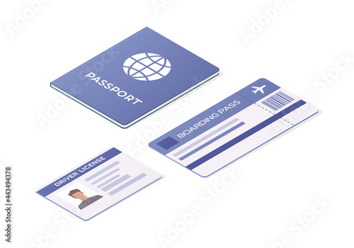 National passport, driver license and plane ticket. Colored isometric vector illustration. Isolated on white background.