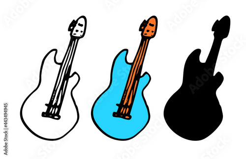 Vector guitar in blue color. a hand-drawn set of elements in the doodle style  a musical instrument guitar  an isolated contour and a silhouette in black on a white background for a label design templ