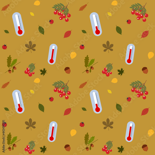 Autumn pattern illustration with foliage, rowan and thermometers