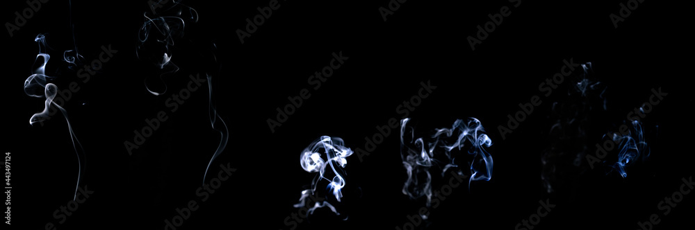 Smoke steam set. Blur white smoke, abstract fog group or steam mist cloud isolated on black background. Steam flow in pollution, vapor cigarette, gas, dry ice. Smoke steam set. Blur white smoke, abstract fog group or steam mist cloud isolated on black background. Steam flow in pollution, vapor cigarette, gas, dry ice.