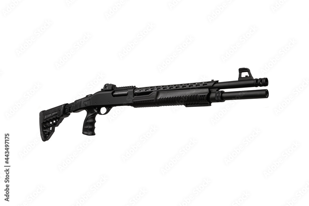 Modern tactical pump action shotgun. Black weapon isolate on a white back