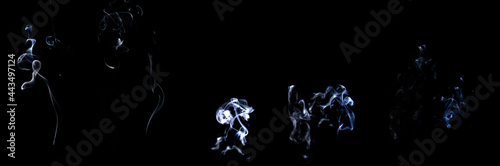 Smoke steam set. Blur white smoke, abstract fog group or steam mist cloud isolated on black background. Steam flow in pollution, vapor cigarette, gas, dry ice.