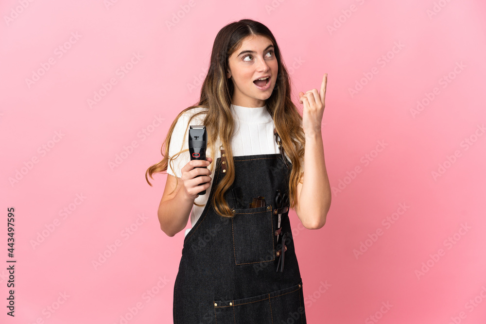 Young hairdresser woman isolated on pink background thinking an idea pointing the finger up Young hairdresser woman isolated on pink background thinking an idea pointing the finger up