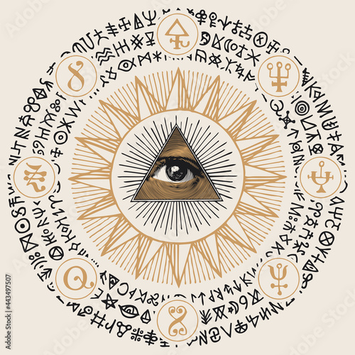 Vector banner with an all-seeing eye inside the sun, esoteric signs, magic runes, alchemical and masonic symbols written in a circle. Decorative hand-drawn illustration in retro style