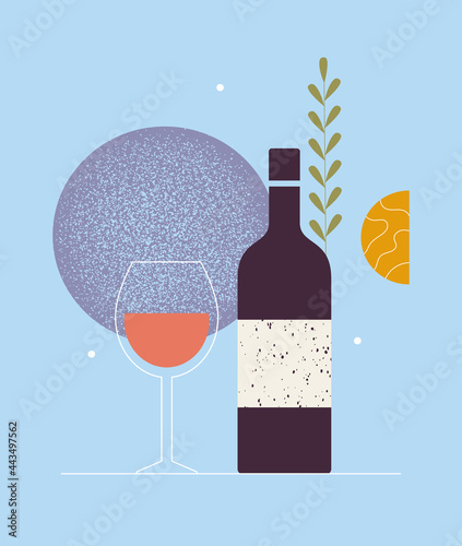 Abstract modern poster of wine bottle, glass. Cocktail, alcohol beverage. Wine tasting concept. Invitation template for an event, festival. Graphic design for restaurant. Isolated vector illustration