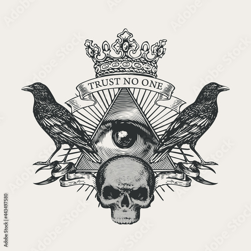 Vector coat of arms with Masonic symbol All-seeing eye of God, crown, black ravens and sinister human skull. Black-white banner in retro style with eye of Providence and inscription Trust no one