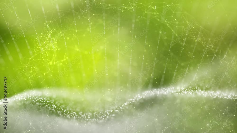 Futuristic lines and dots motion network on sunny green nature bokeh background. Concept nature science animation.