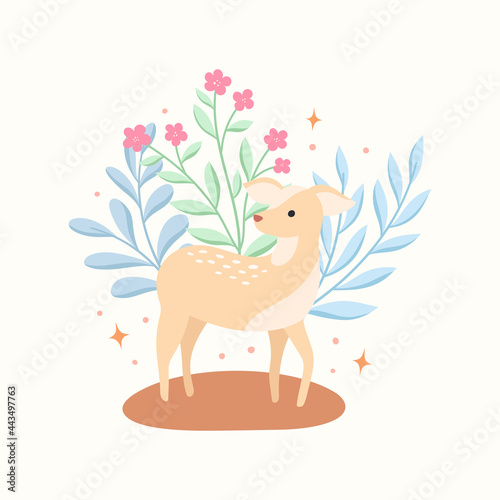 Vector decorative Christmas design elements. Cute illustration with deer, leaves, xmas elements for greeting cards, social media post, print design.