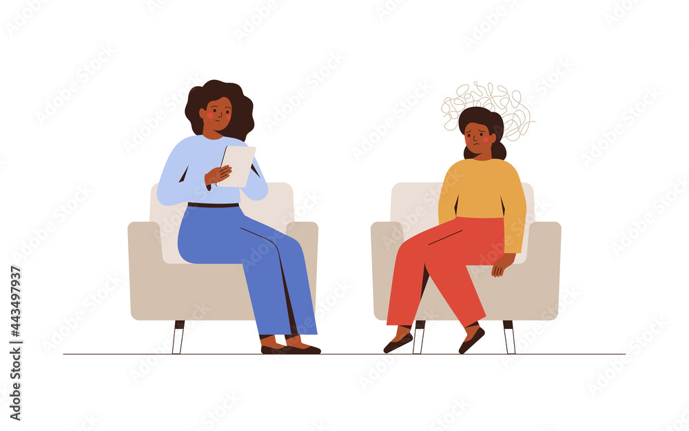 Child therapy session in doctor's office. Young girl receives emotional support from her counselor. Female psychologist has an individual meeting with her young patient. Vector illustration