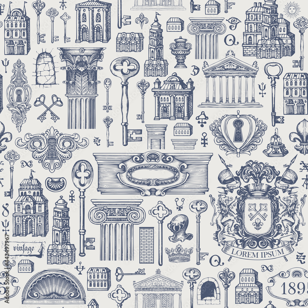 Seamless pattern on a theme of ancient architecture and art. Hand-drawn vector background with vintage buildings, architectural elements, coat of arms and old keys. Wallpaper, wrapping paper, fabric