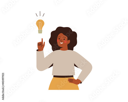 Black woman points on light bulb over her. Happy African female entrepreneur has business idea. Concept of innovation, solution and creativity. Vector illustration