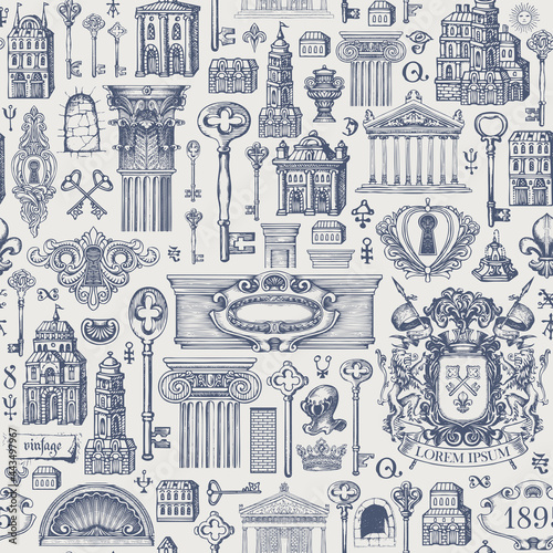 Seamless pattern on a theme of ancient architecture and art. Hand-drawn vector background with vintage buildings, architectural elements, coat of arms and old keys. Wallpaper, wrapping paper, fabric