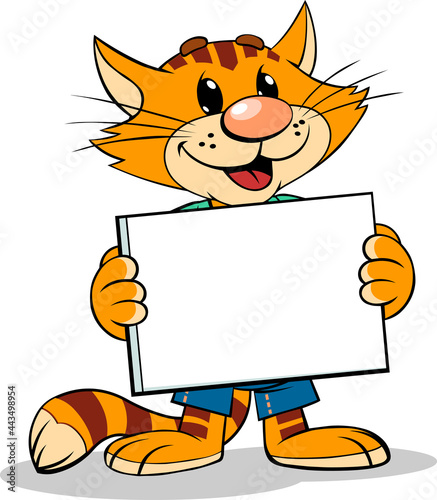 Red cat holds sign. 
A vector illustration of a cartoon smiling striped red cat holding a blank empty sign.