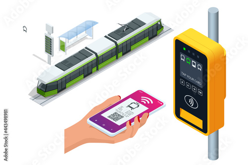 Isometric city tram with electronic ticket validation machine. Woman paying conctactless with smartphone for the public transport in the tram