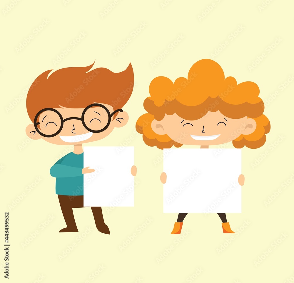 Kids holding banners. Vector boy and girl with empty banner, illustration cartoon school kid and board for text Kids holding banners. Vector boy and girl with empty banner, illustration cartoon school kid and board for text