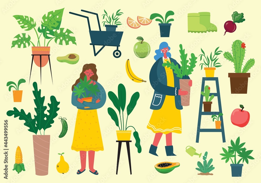 People summer gardening - set of vector flat hand drawn illustrations of people doing garden job - watering, planting