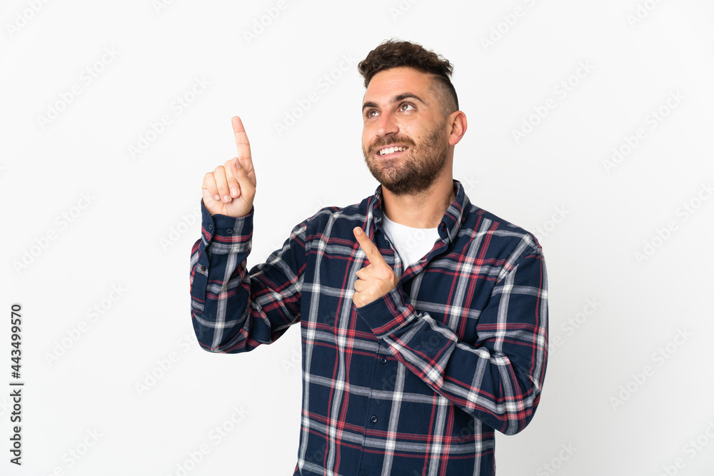 Caucasian man isolated on white background pointing with the index finger a great idea Caucasian man isolated on white background pointing with the index finger a great idea