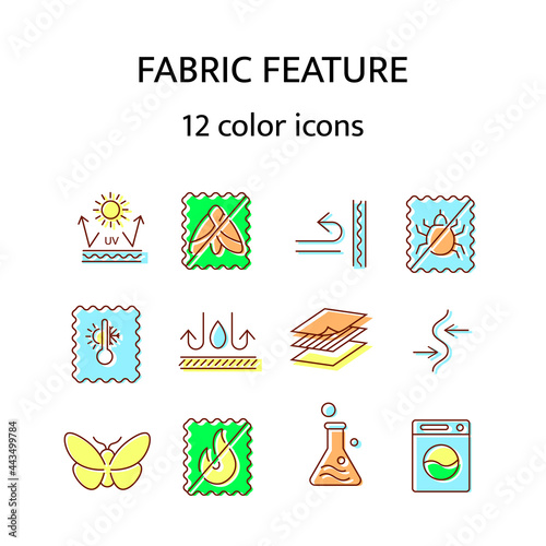 Fabric feature flat icon. Material quality. Easy care, sun protection. Windproof, fireproof, cotton
