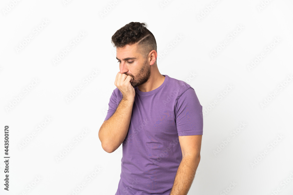 Caucasian man isolated on white background having doubts Caucasian man isolated on white background having doubts