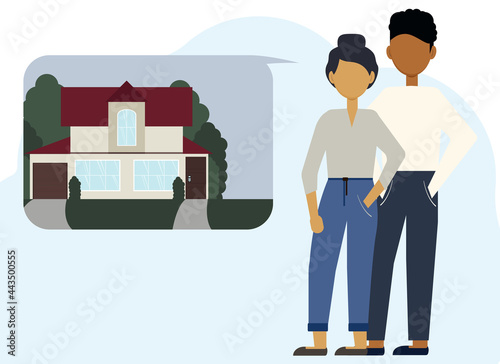 Illustration of a young African man and woman couple dreaming about a home. In the bubbles house