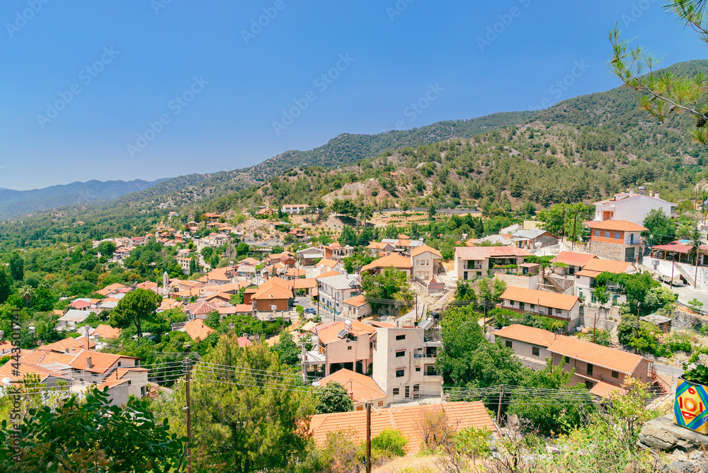 View on mountain village Foini, Cyprus on sunny day