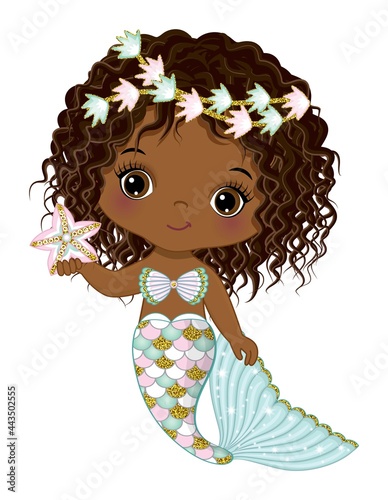 African American Cute Little Mermaid with Starfish