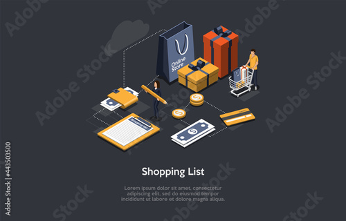 Isometric Illustration With Writing And Characters. Vector Composition In Cartoon 3D Style On Shopping List Concept. Commerce Budget Planning. People With Purchases, Boxes, Infographic Objects Around.