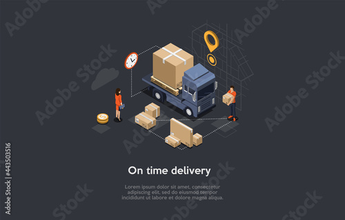 Isometric Illustration With Writing And Characters. Vector Composition In Cartoon 3D Style On Time Delivery, Internet Order Arrival, Goods Transportation Service Concept. Truck With Parcels, Worker