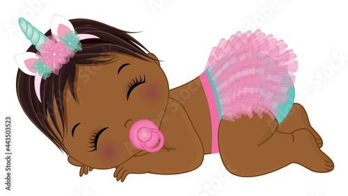 African American Unicorn Baby Girl in Pink Diaper