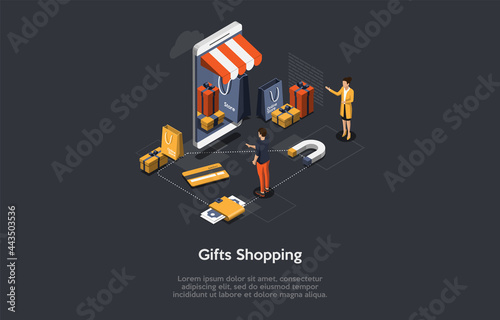 Isometric Illustration With Writing And Characters. Vector Composition In Cartoon 3D Style On Gifts Shopping, Holiday, Birthday Celebration Preparation Concept. Mobile Application, Internet Commerce.
