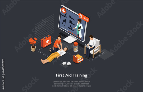 Illustration On Dark Background. Vector Composition, Cartoon 3D Style, Isometric Objects And Characters. Design On First Aid Remote Video Course, Professional Medical Help Online Training Concept. photo