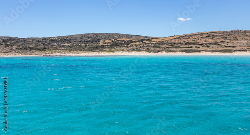 Cyclades islands, Koufonisi sandy beach, clear transparent water, Greece.