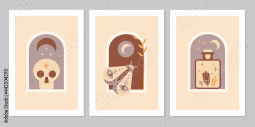Set poster with magic symbols esoteric witch tattoos. Collection of crescent moon, skull, gem, bottle, crystals. Vector flat mystic vintage illustration. Design for poster, card, flyer