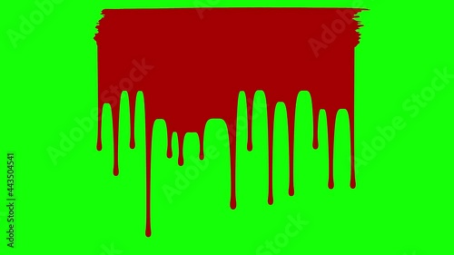 Red paint brush stroke with dripping blood on green screen. Liquid flowing down the surface in streams, melting drops forming streaks. CG animation with chroma key.