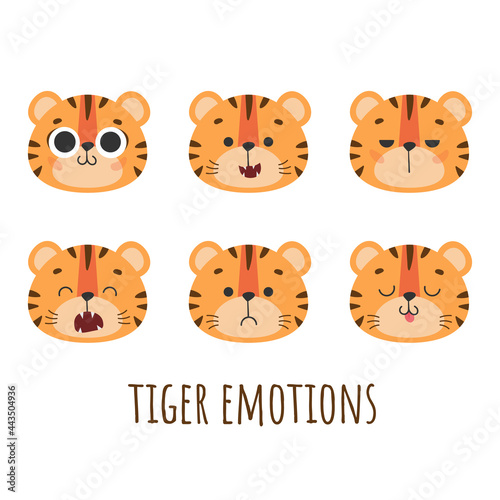 Set of cute 6 muzzles  faces tiger  tiger cub with big eyes  brown stripes  symbol of new 2022 year on white background. Vector illustration for postcard  banner  web  decor  design  arts  calendar.
