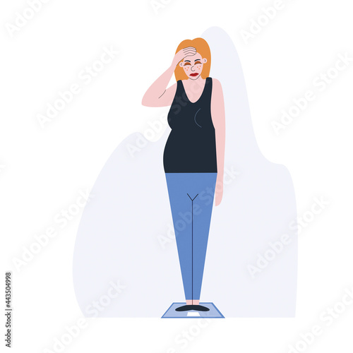 The girl is weighed on the scales. Weight gain. The woman is worried about her health. Vector illustration