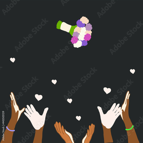 woman is throwing wedding bouquet flowers into the hands of the wedding guests in wedding.Vector flat cartoon illustration.bride throwing wedding bouquet to bridesmaid