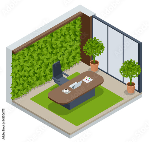 Isometric Green Wall in Office. Isometric Green Wall in Office. Contemporary eco office room with computers and green grass