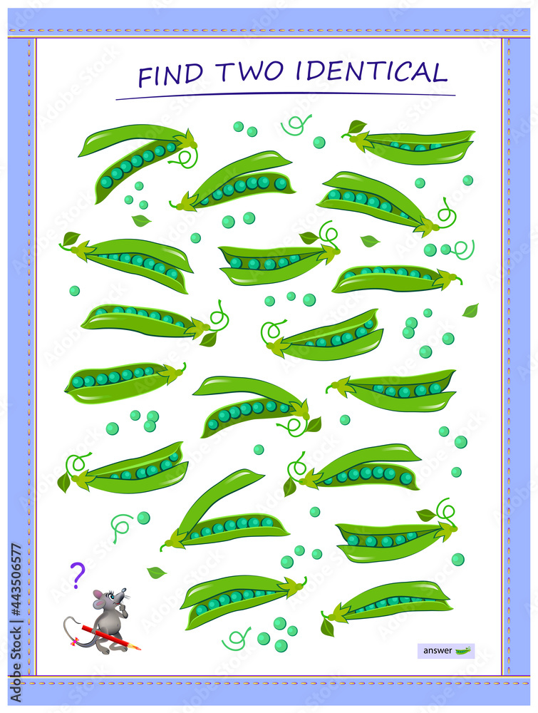 Vecteur Stock Logic puzzle game for children and adults. Find two identical  pea pods. Memory exercises for seniors. Page for kids brain teaser book.  Developing spatial thinking. IQ test. Play online.