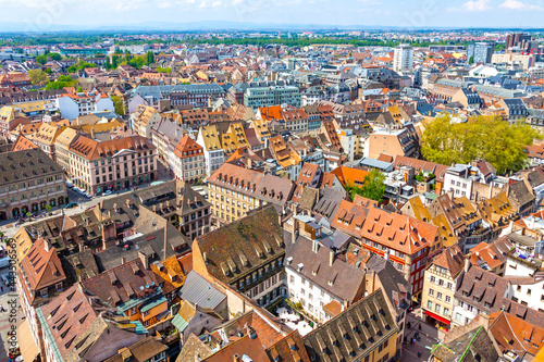 Skyline aerial view of Strasbourg old town, Grand Est region, France. Strasbourg Cathedral. View to the West side