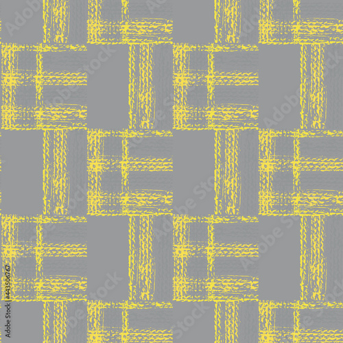 Abstract vector gauze brush effect rectangles seamless pattern background. Grid offset block backdrop of yellow grey coarse painterly squares with spliced edges.Textured fibre weave shapes repeat
