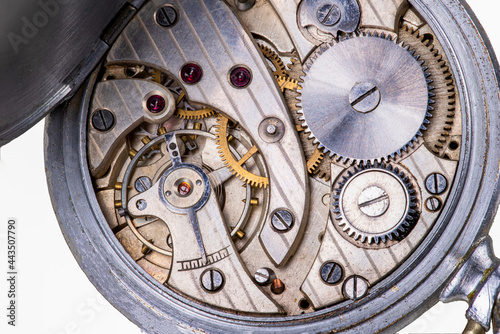 The inside of a spring-powered watch. Mechanism and gears in a portable timing device.