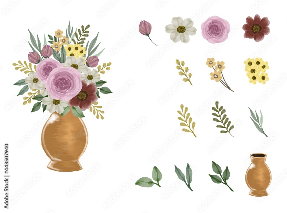 Obraz premium set watercolor floral bouquet in gold vase. floral bouquet with flower element , branch, bud and leaf